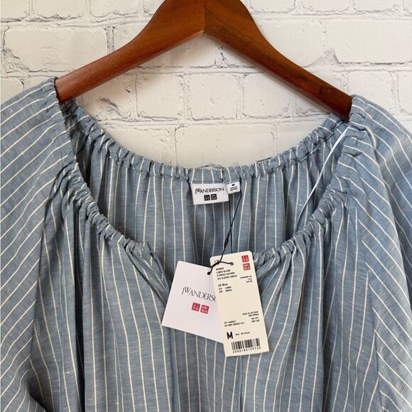 UNIQLO X J.W. ANDERSON Linen Blend Striped Gathered 3/4 Sleeved Dress - Picture 4 of 15